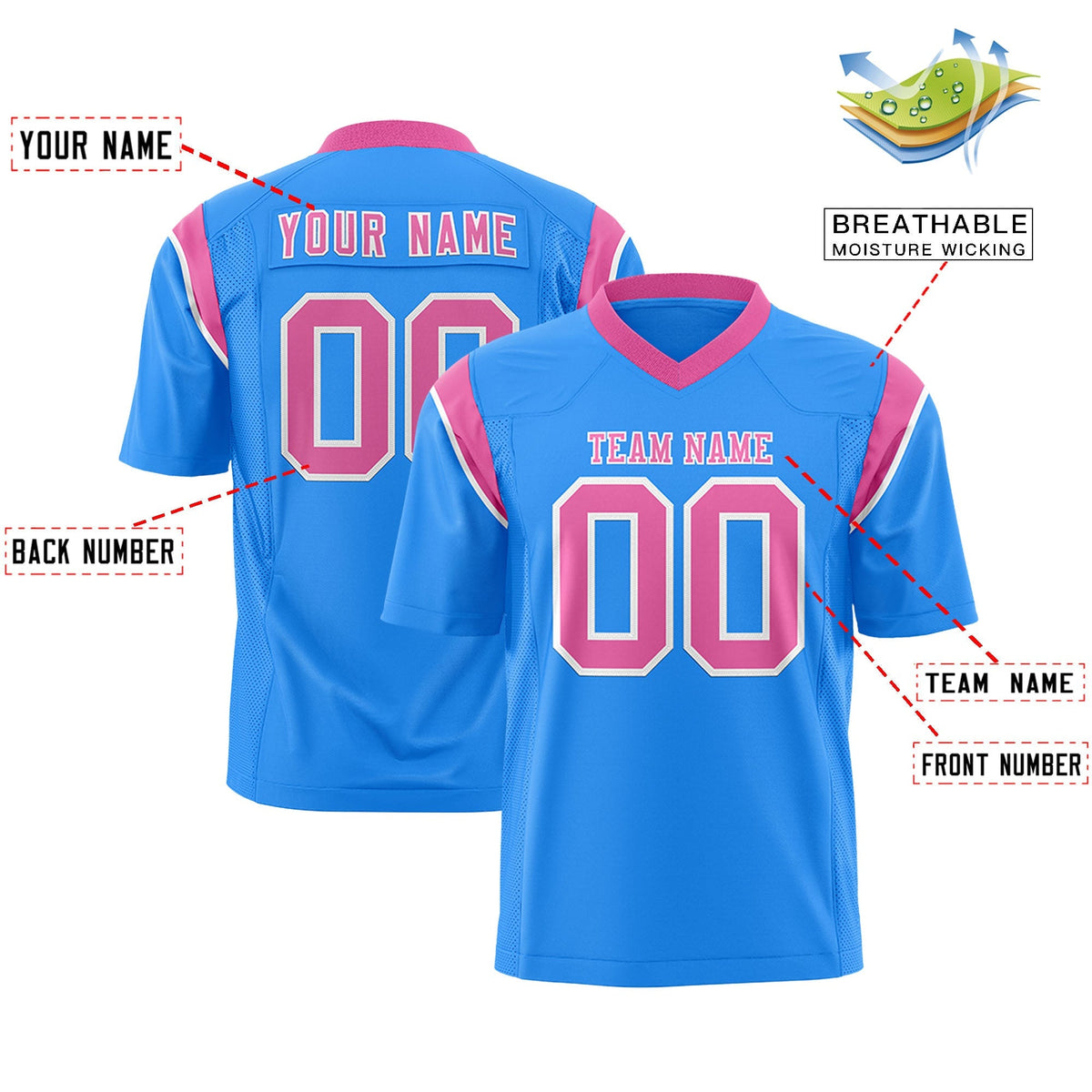 Custom Powder Blue Pink Personalized Shoulder Cut Two-Tone Authentic American Football Jersey