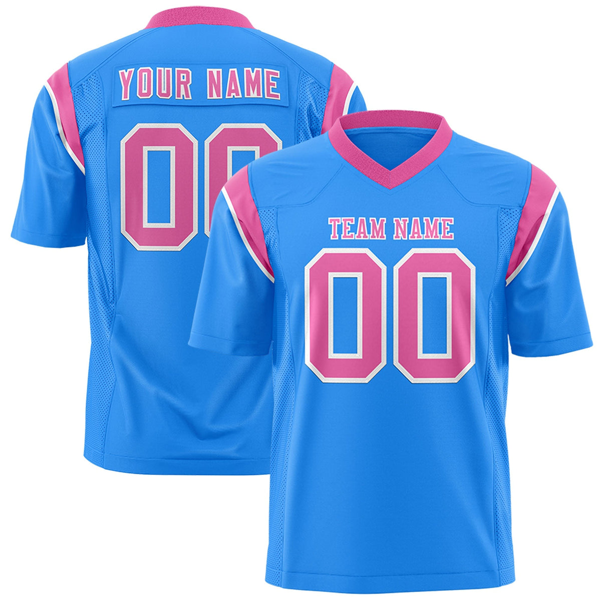 Custom Powder Blue Pink Personalized Shoulder Cut Two-Tone Authentic American Football Jersey