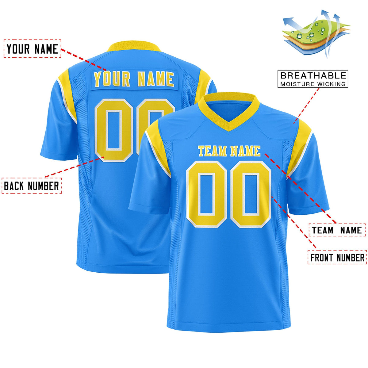 Custom Powder Blue Gold Personalized Shoulder Cut Two-Tone Authentic American Football Jersey
