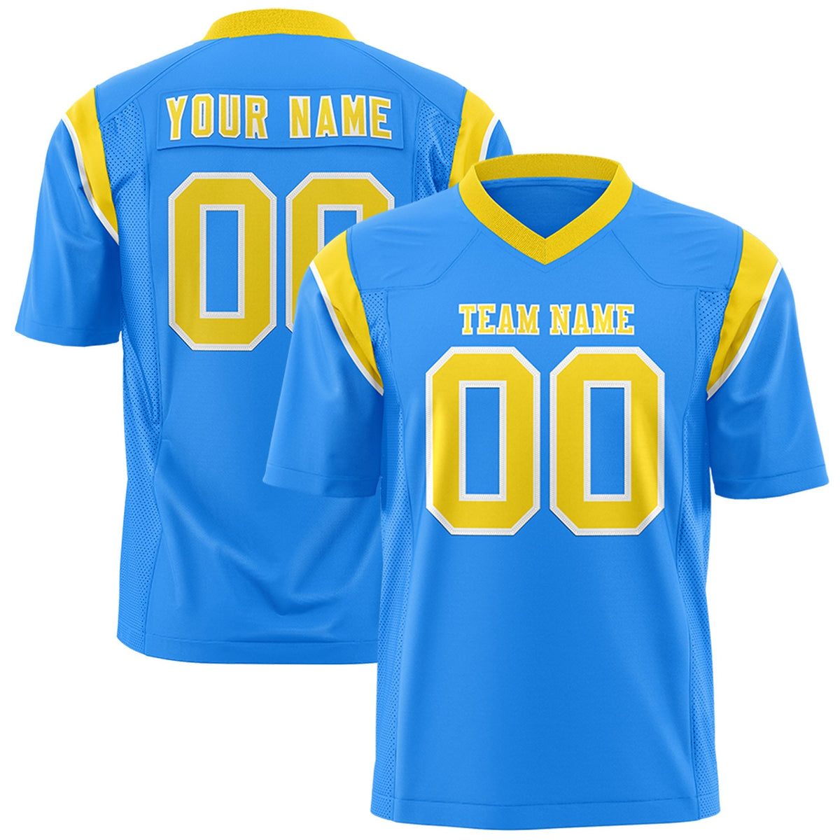 Custom Powder Blue Gold Personalized Shoulder Cut Two-Tone Authentic American Football Jersey