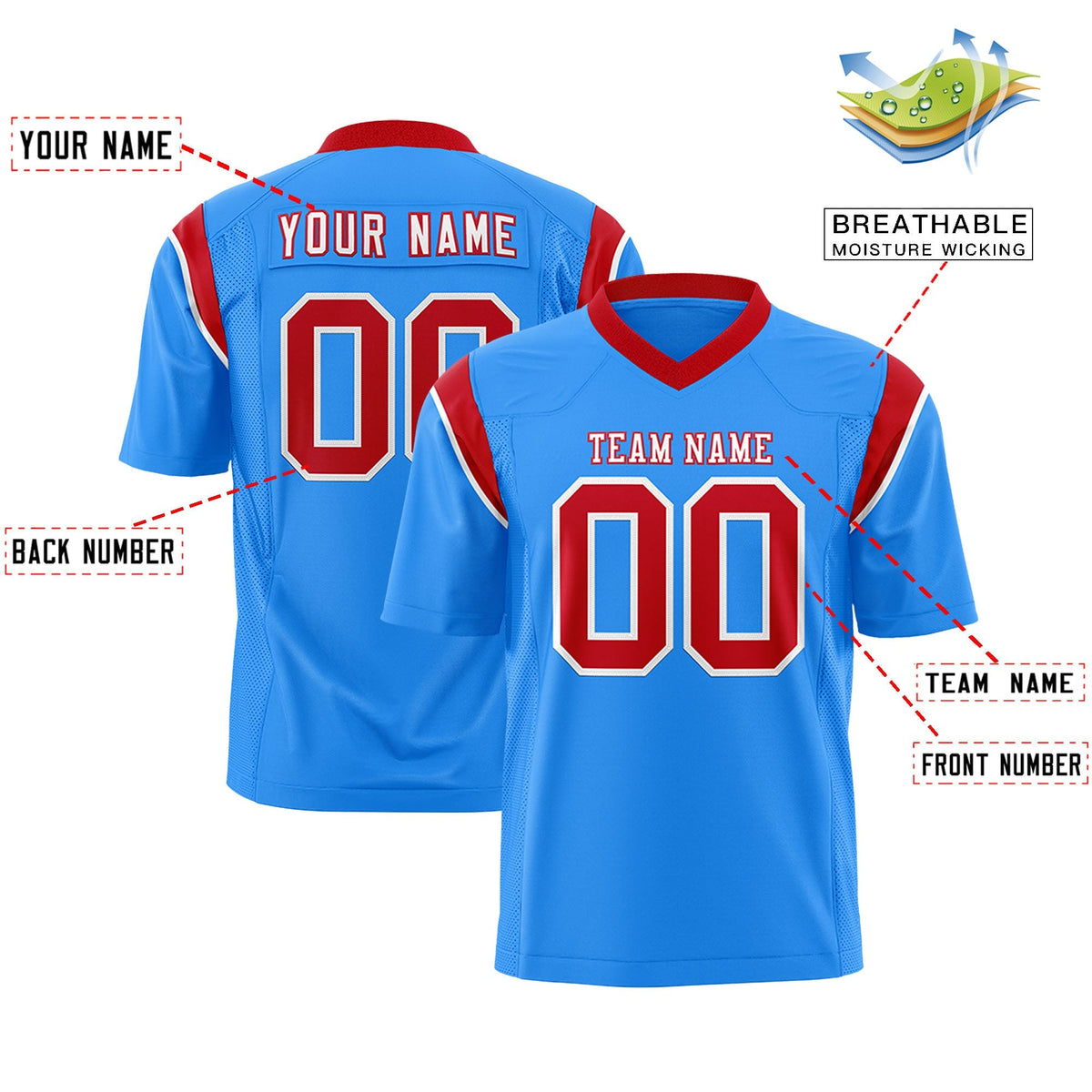 Custom Powder Blue Red Personalized Shoulder Cut Two-Tone Authentic American Football Jersey