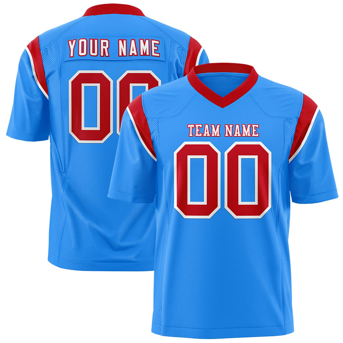 Custom Powder Blue Red Personalized Shoulder Cut Two-Tone Authentic American Football Jersey