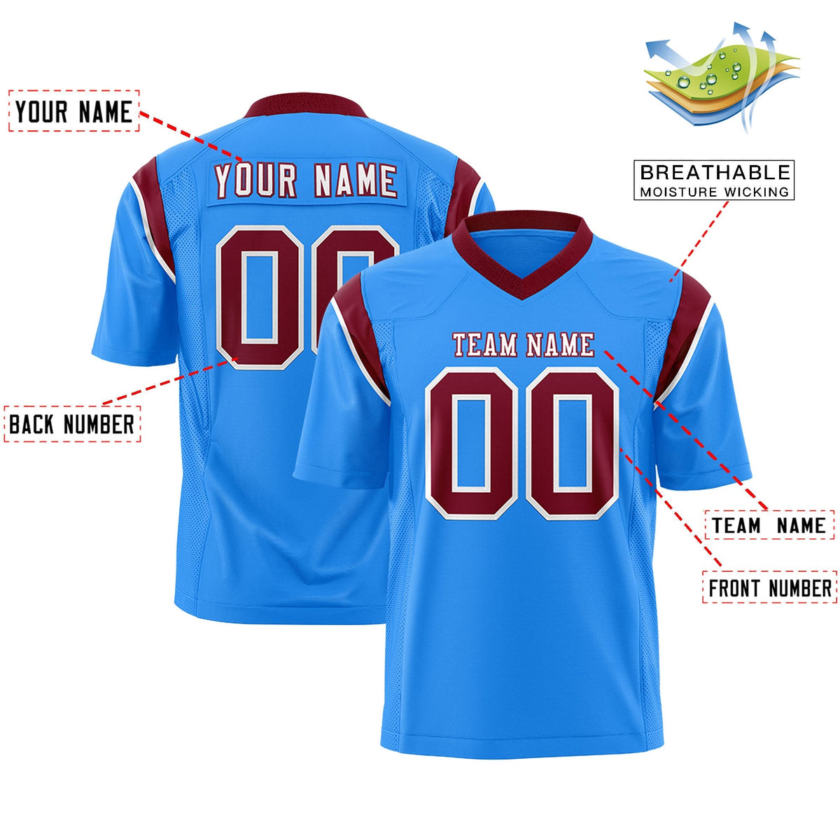 Custom Powder Blue Crimson Personalized Shoulder Cut Two-Tone Authentic American Football Jersey