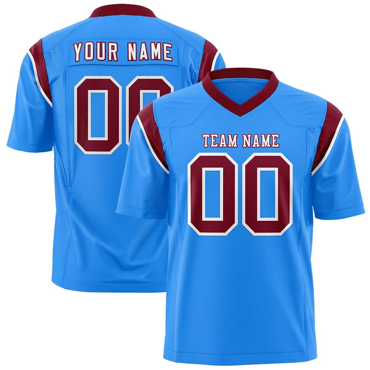 Custom Powder Blue Crimson Personalized Shoulder Cut Two-Tone Authentic American Football Jersey