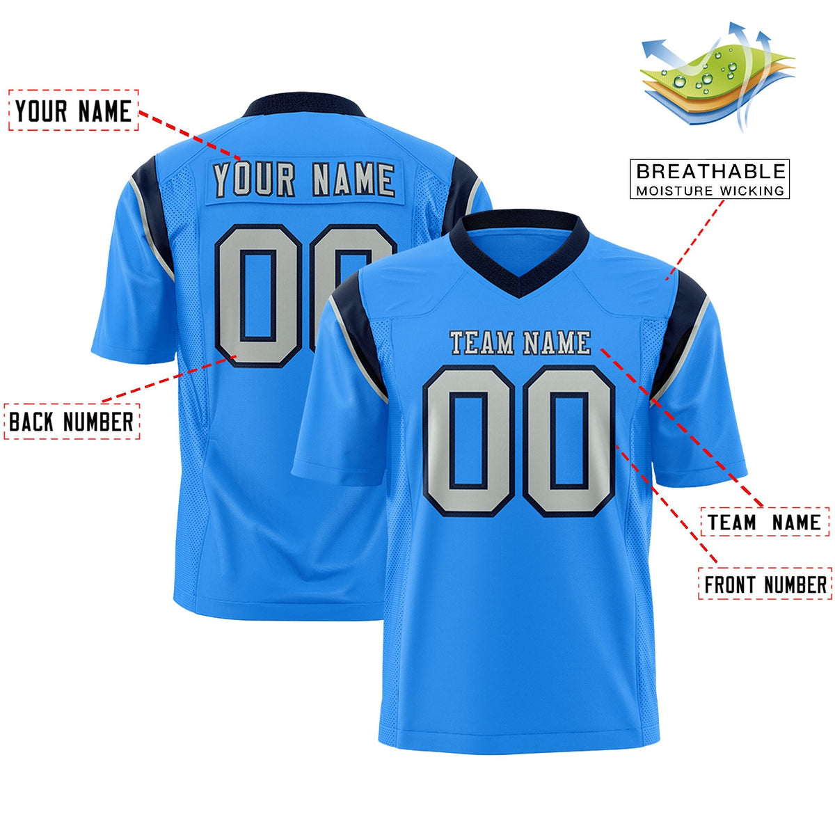 Custom Powder Blue Gray Personalized Shoulder Cut Two-Tone Authentic American Football Jersey
