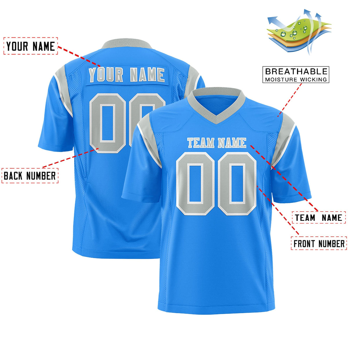 Custom Powder Blue Gray Personalized Shoulder Cut Two-Tone Authentic American Football Jersey