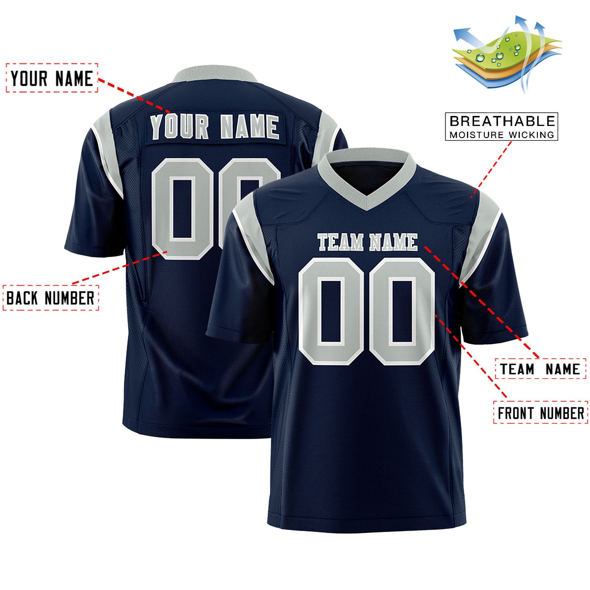Custom Navy Gray Personalized Shoulder Cut Two-Tone Authentic American Football Jersey