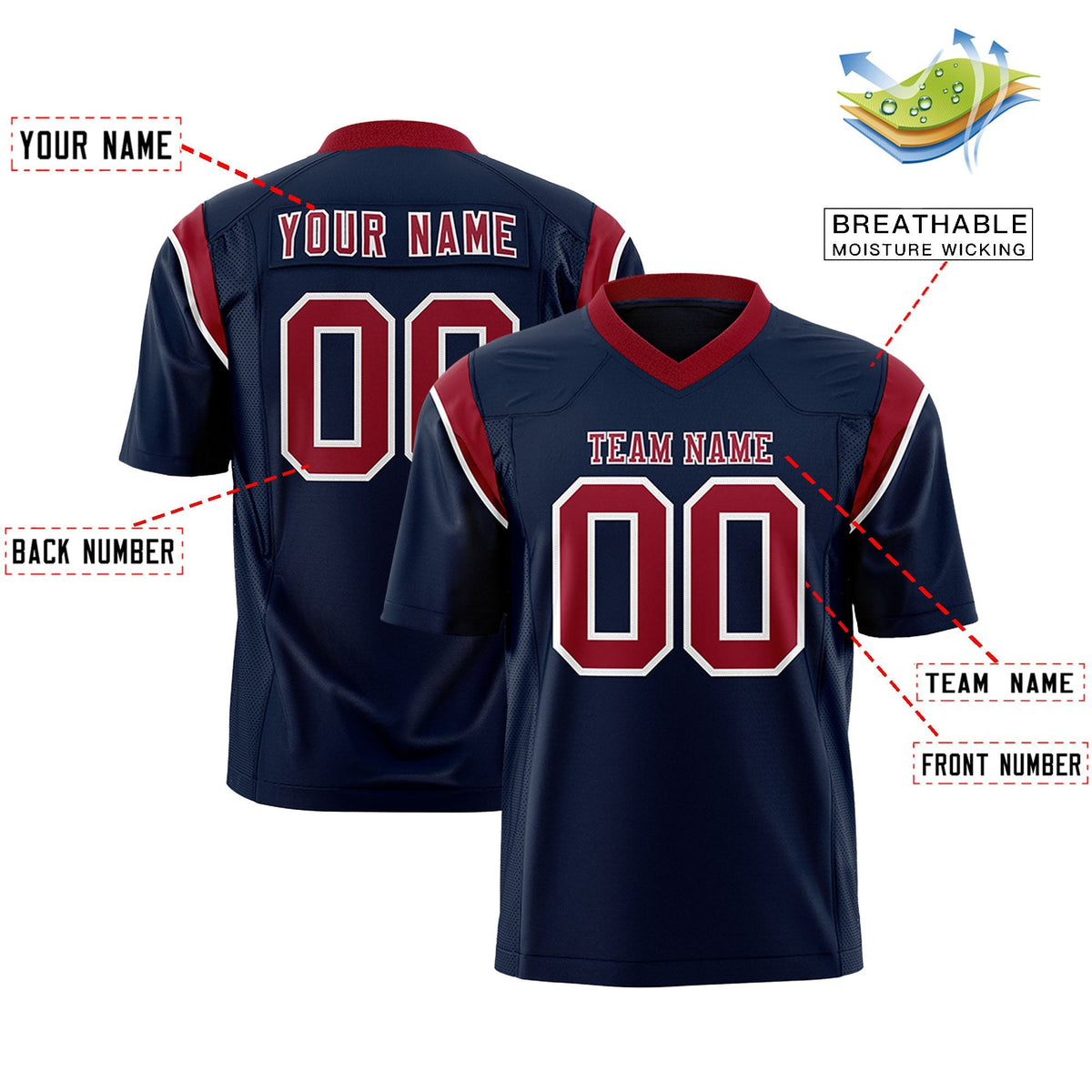 Custom Navy Cardinal Personalized Shoulder Cut Two-Tone Authentic American Football Jersey