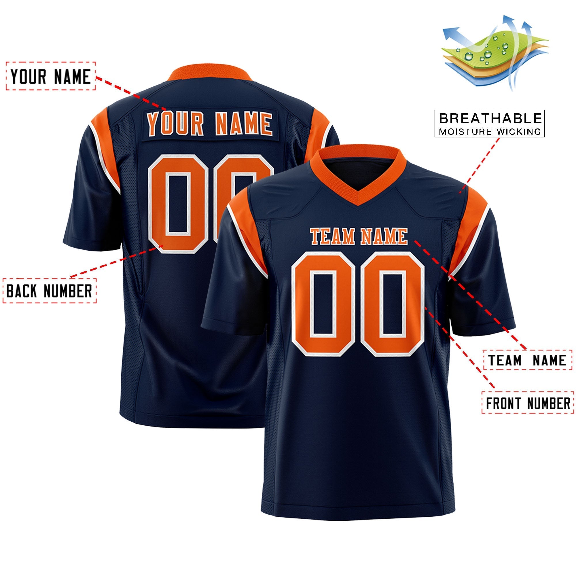 Custom Navy Orange Personalized Shoulder Cut Two-Tone Authentic American Football Jersey