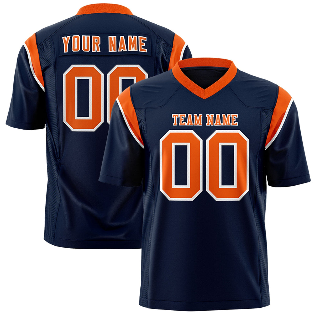 Custom Navy Orange Personalized Shoulder Cut Two-Tone Authentic American Football Jersey