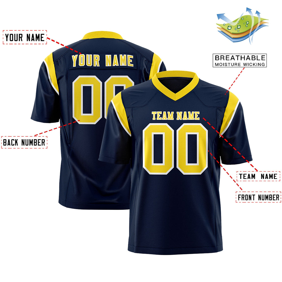 Custom Navy Gold Personalized Shoulder Cut Two-Tone Authentic American Football Jersey