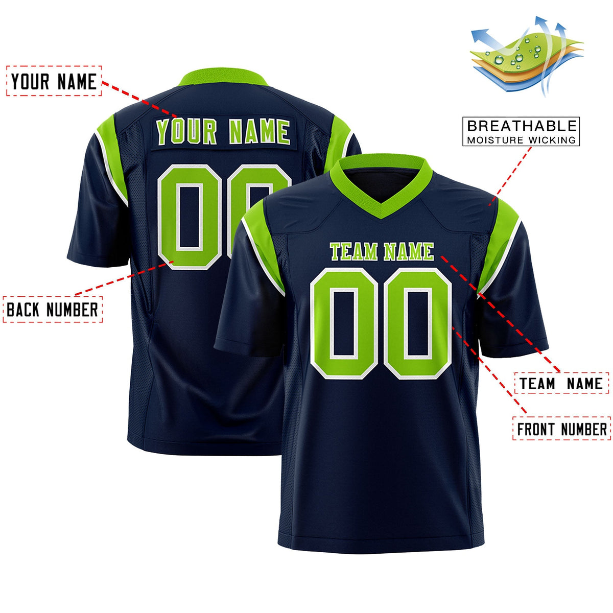 Custom Navy Neon Green Personalized Shoulder Cut Two-Tone Authentic American Football Jersey