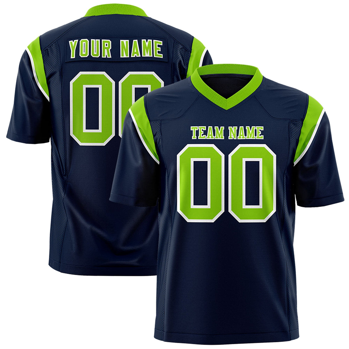 Custom Navy Neon Green Personalized Shoulder Cut Two-Tone Authentic American Football Jersey