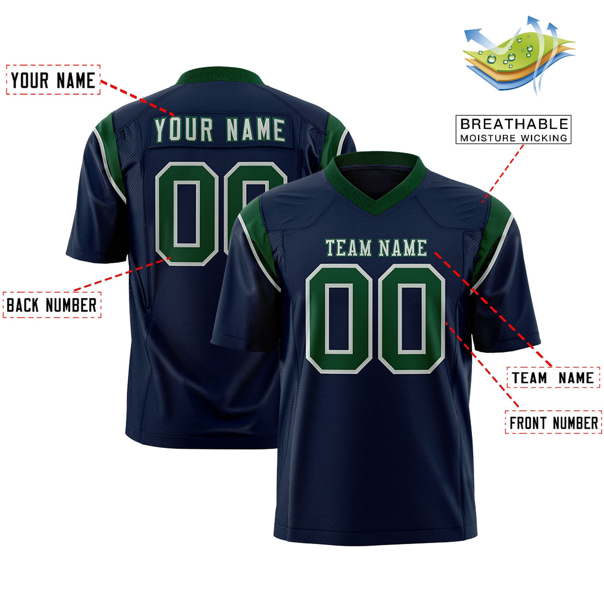 Custom Navy Green Personalized Shoulder Cut Two-Tone Authentic American Football Jersey