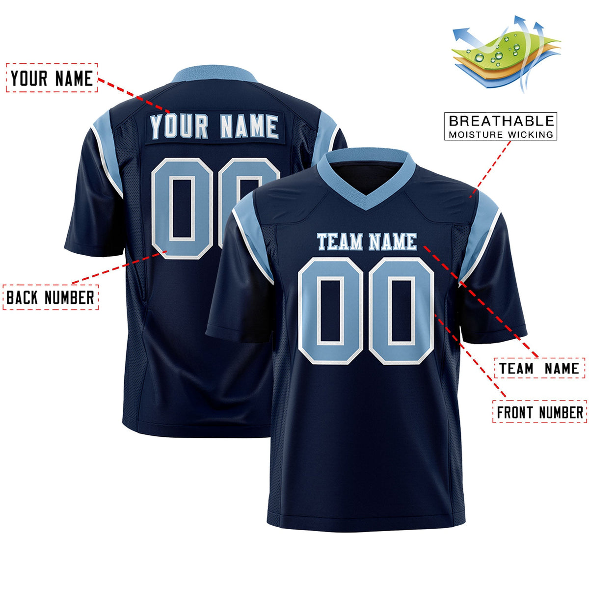 Custom Navy Powder Blue Personalized Shoulder Cut Two-Tone Authentic American Football Jersey