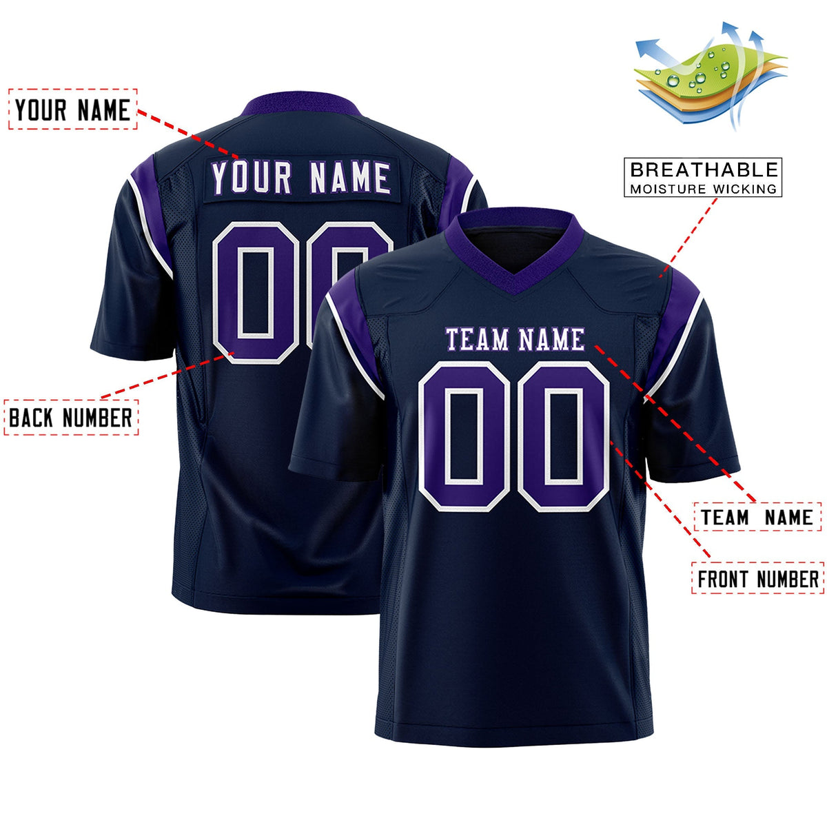 Custom Navy Purple Personalized Shoulder Cut Two-Tone Authentic American Football Jersey