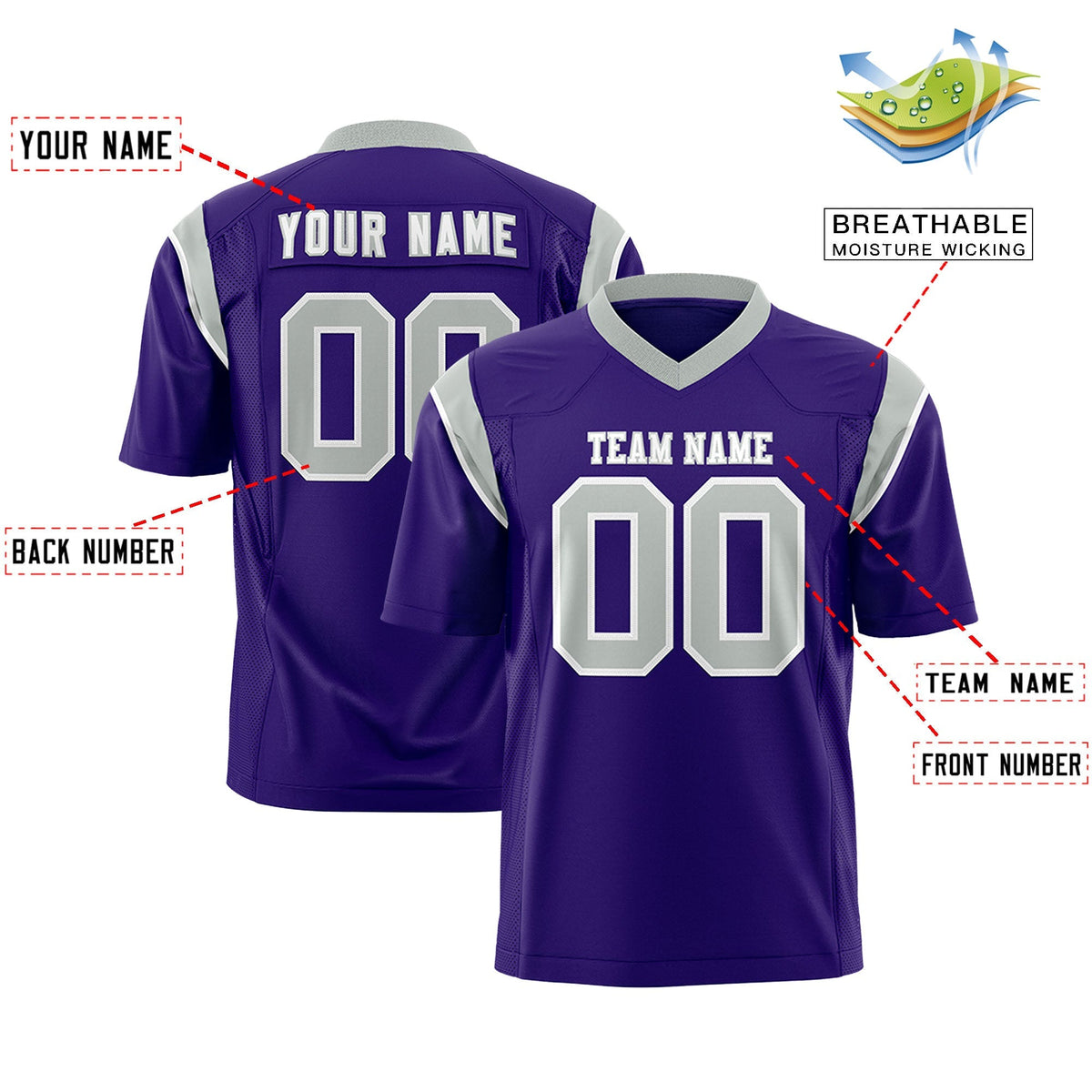 Custom Purple Gray Personalized Shoulder Cut Two-Tone Authentic American Football Jersey