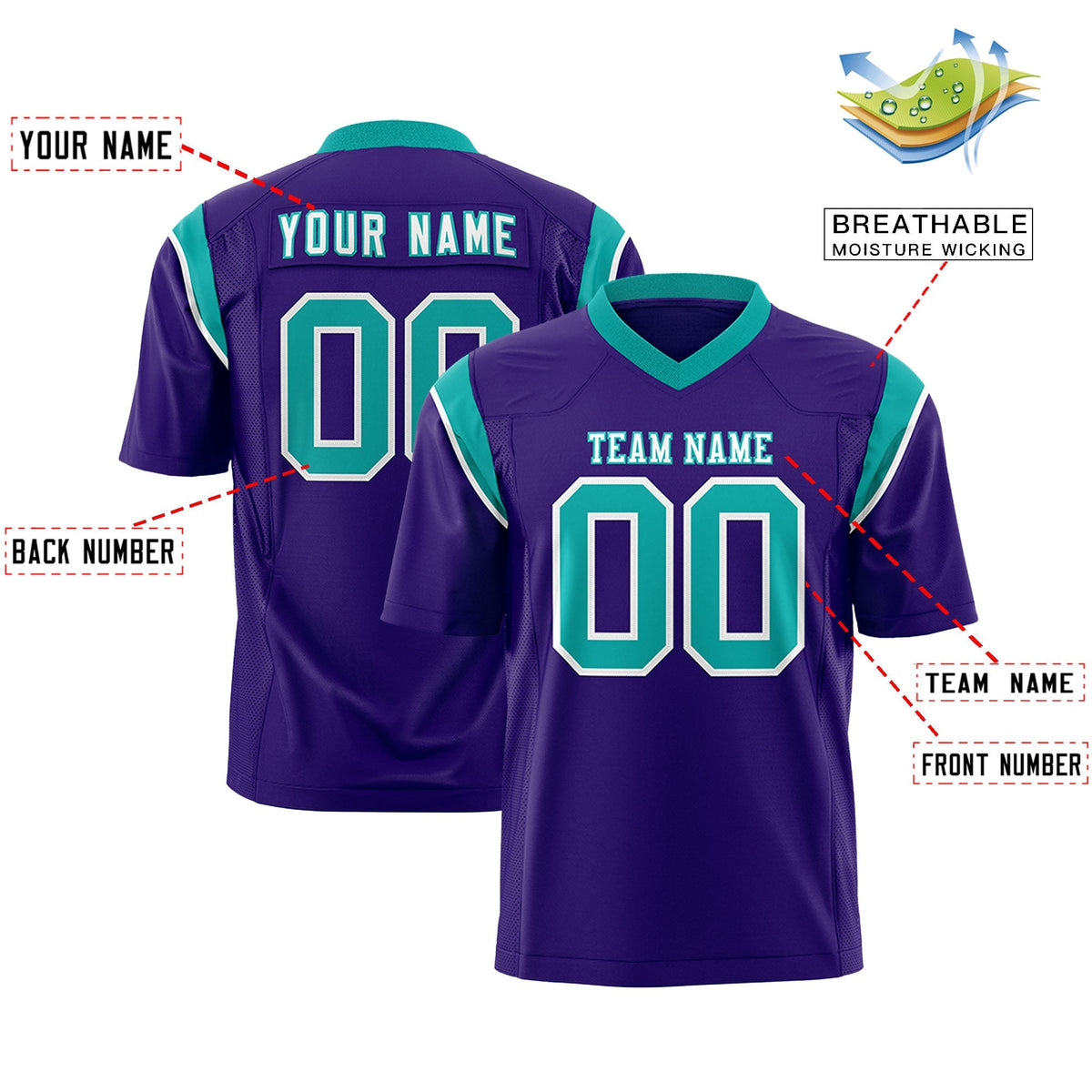 Custom Purple Aqua Personalized Shoulder Cut Two-Tone Authentic American Football Jersey