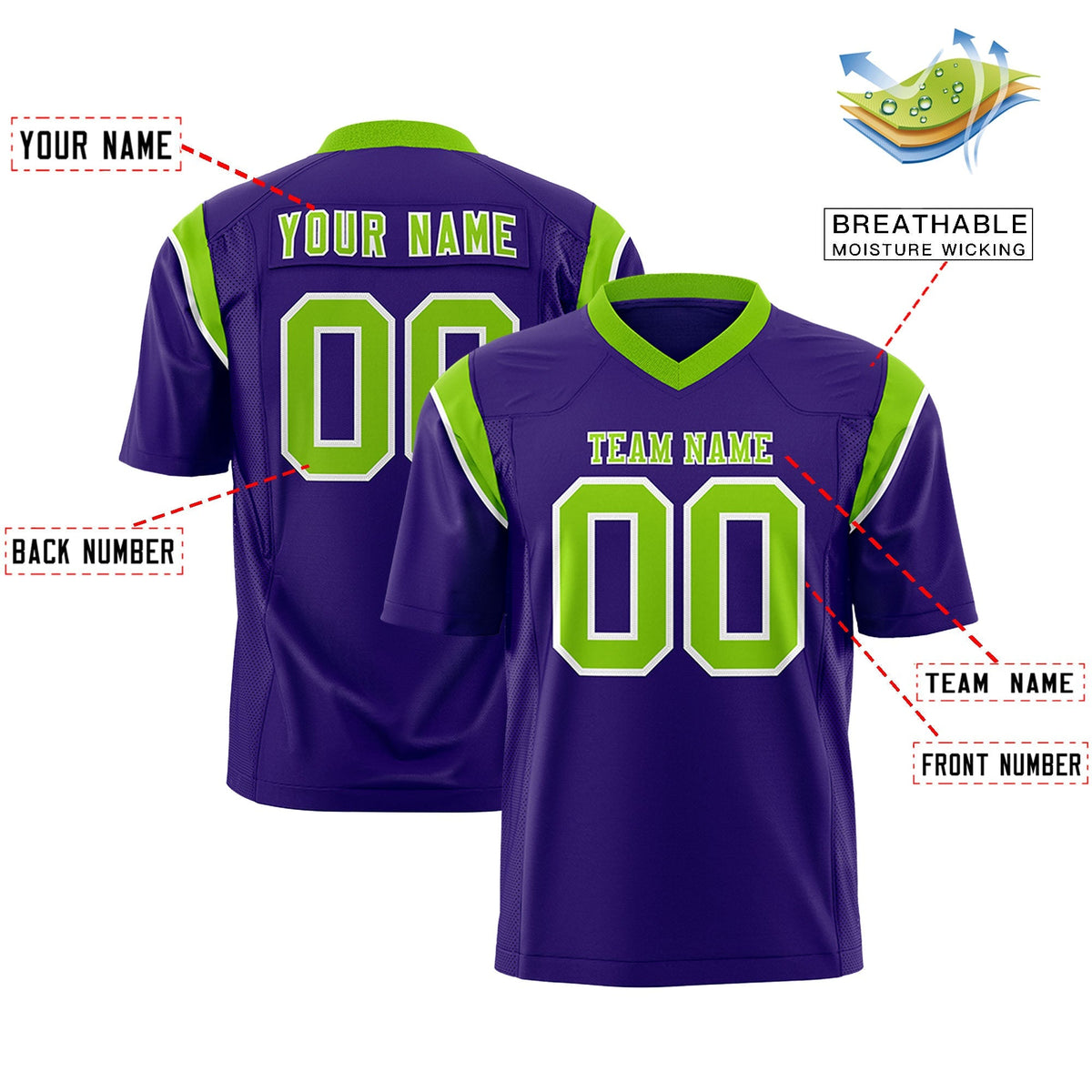 Custom Purple Neon Green Personalized Shoulder Cut Two-Tone Authentic American Football Jersey