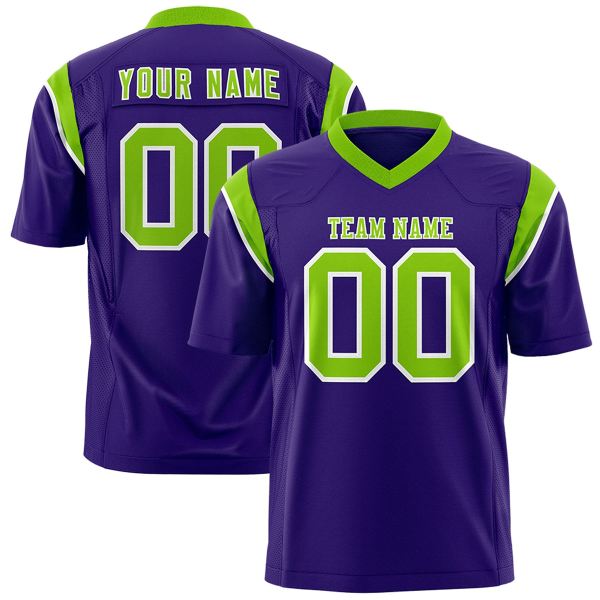 Custom Purple Neon Green Personalized Shoulder Cut Two-Tone Authentic American Football Jersey