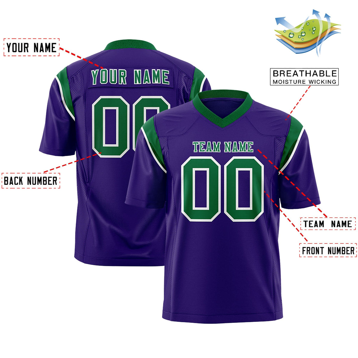 Custom Purple Kelly Green Personalized Shoulder Cut Two-Tone Authentic American Football Jersey