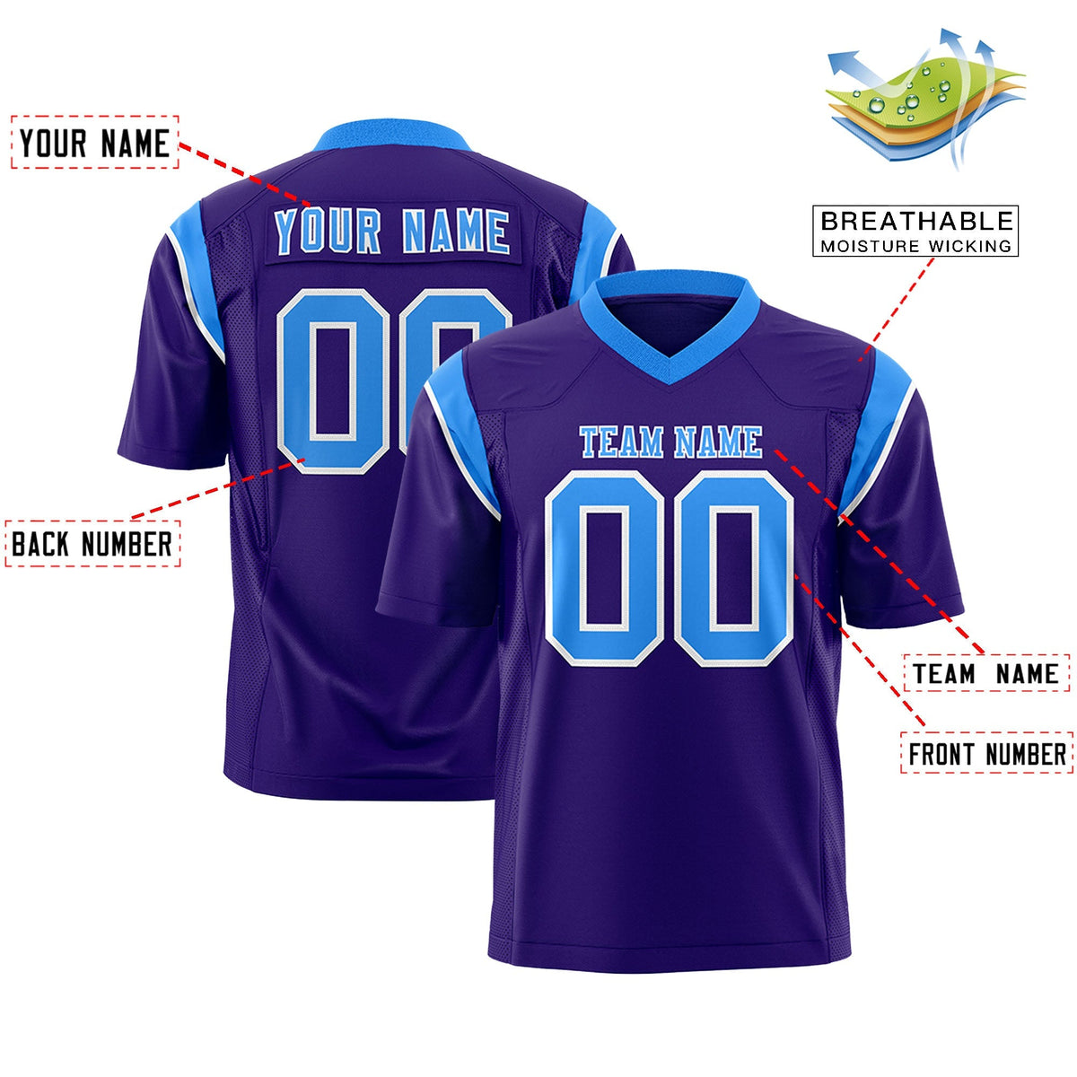 Custom Purple Light Blue Personalized Shoulder Cut Two-Tone Authentic American Football Jersey