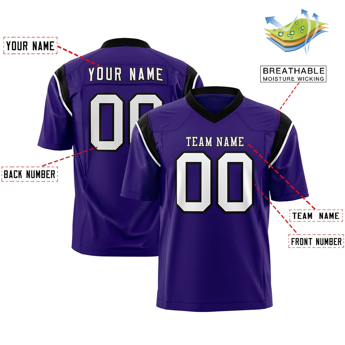 Custom Purple Black Personalized Shoulder Cut Two-Tone Authentic American Football Jersey