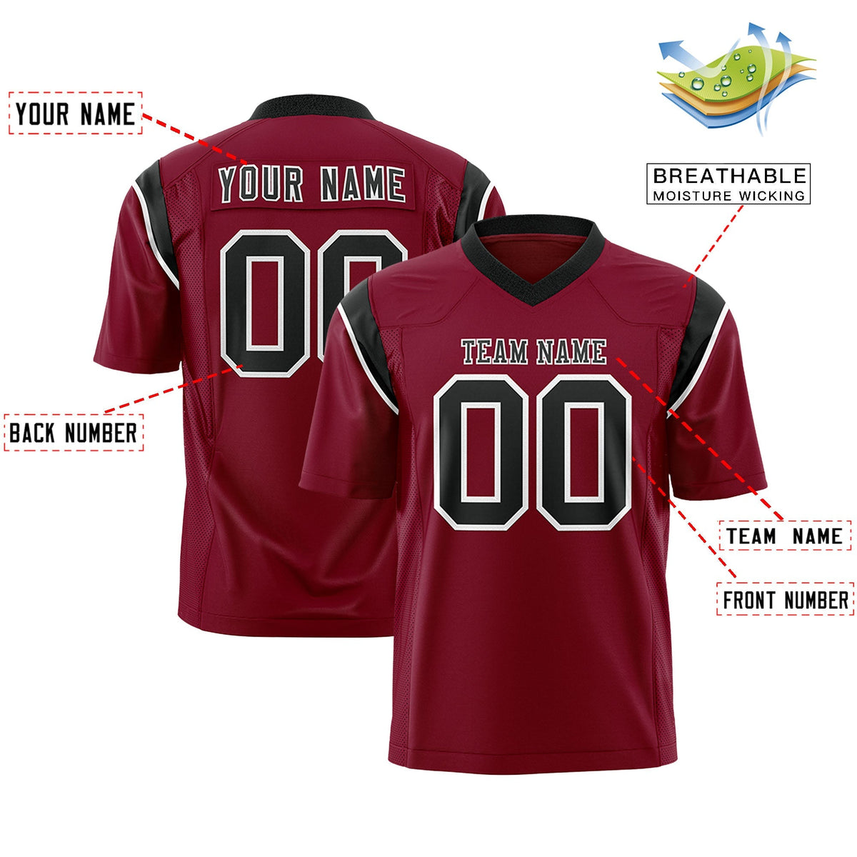 Custom Cardinal Black Personalized Shoulder Cut Two-Tone Authentic American Football Jersey