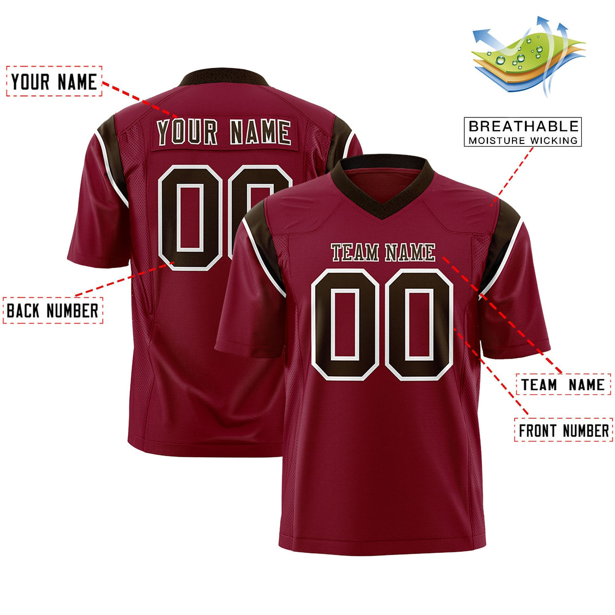 Custom Cardinal Brown Personalized Shoulder Cut Two-Tone Authentic American Football Jersey