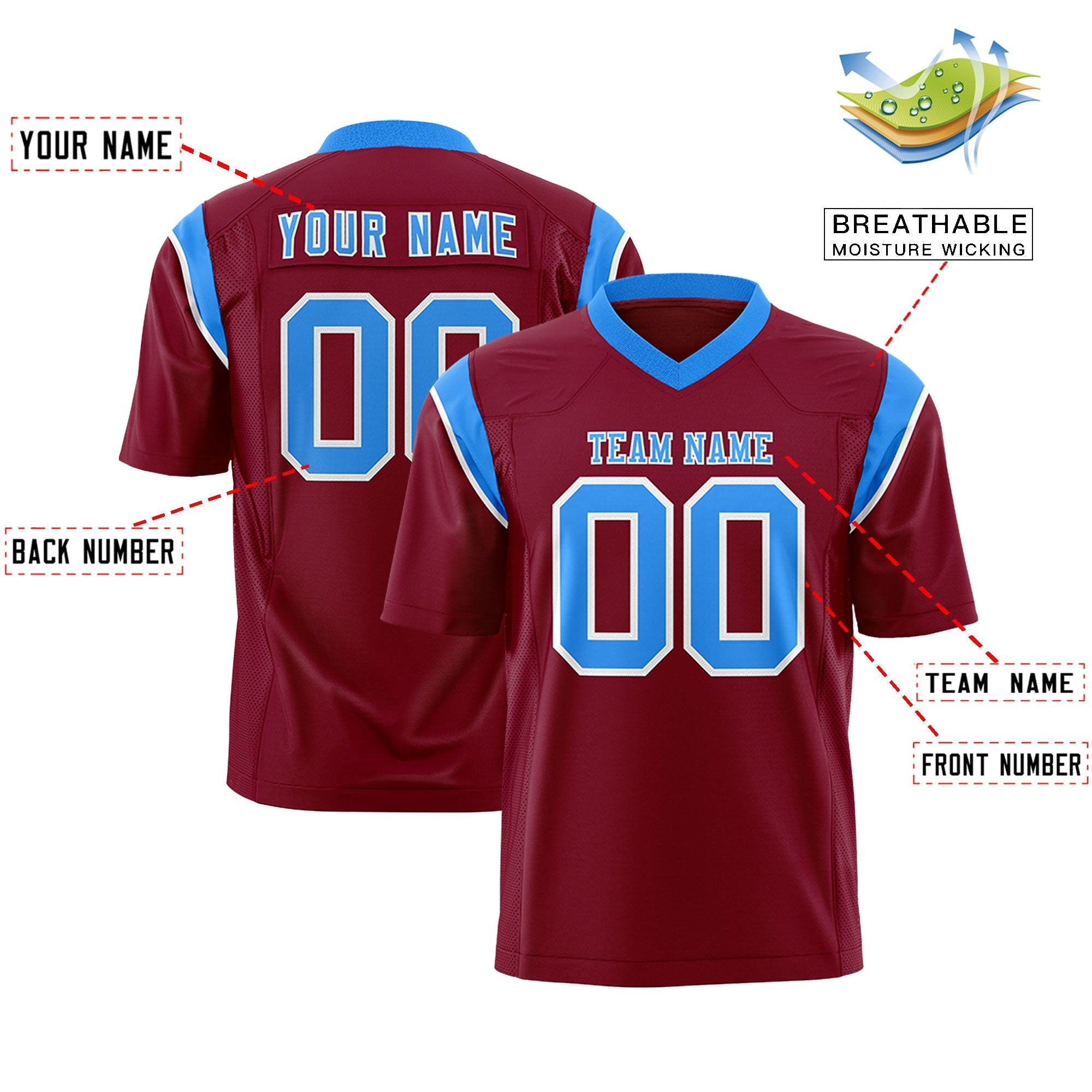 Custom Cardinal Light Blue Personalized Shoulder Cut Two-Tone Authentic American Football Jersey