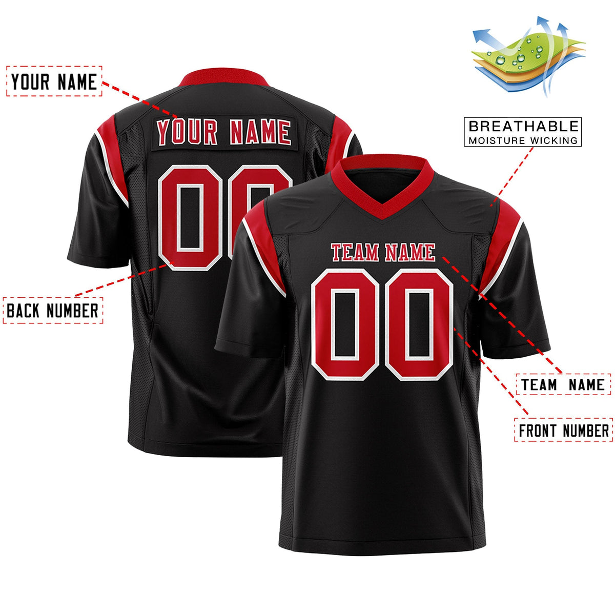 Custom Black Red Personalized Shoulder Cut Two-Tone Authentic American Football Jersey