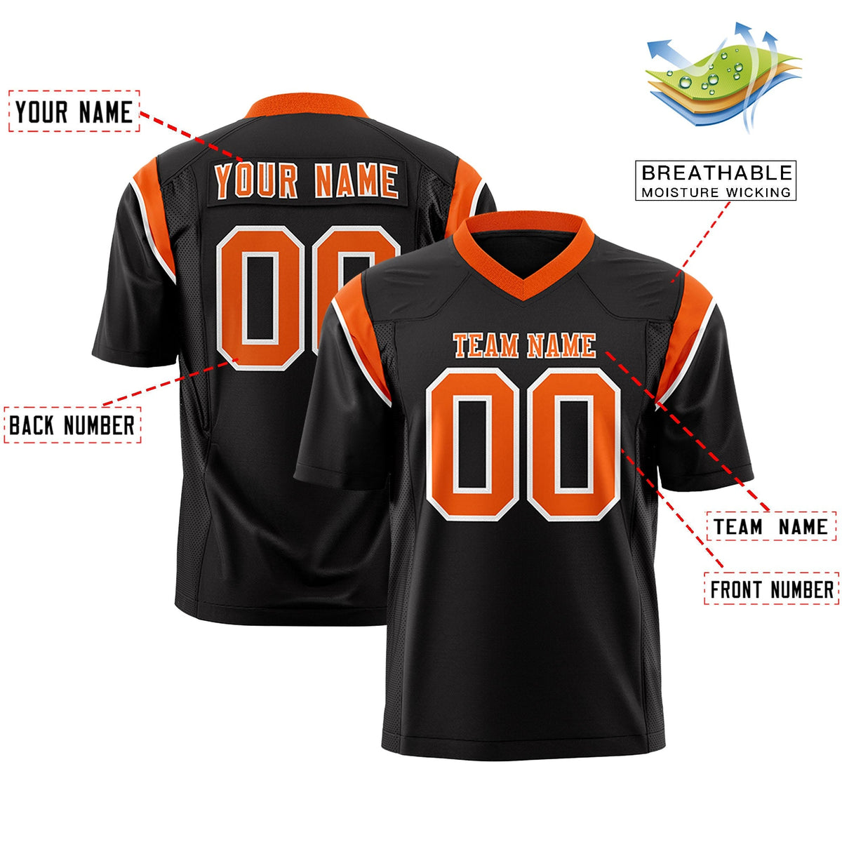 Custom Black Orange Personalized Shoulder Cut Two-Tone Authentic American Football Jersey