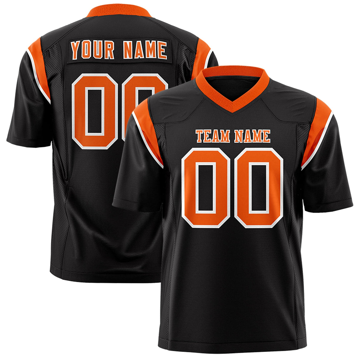 Custom Black Orange Personalized Shoulder Cut Two-Tone Authentic American Football Jersey