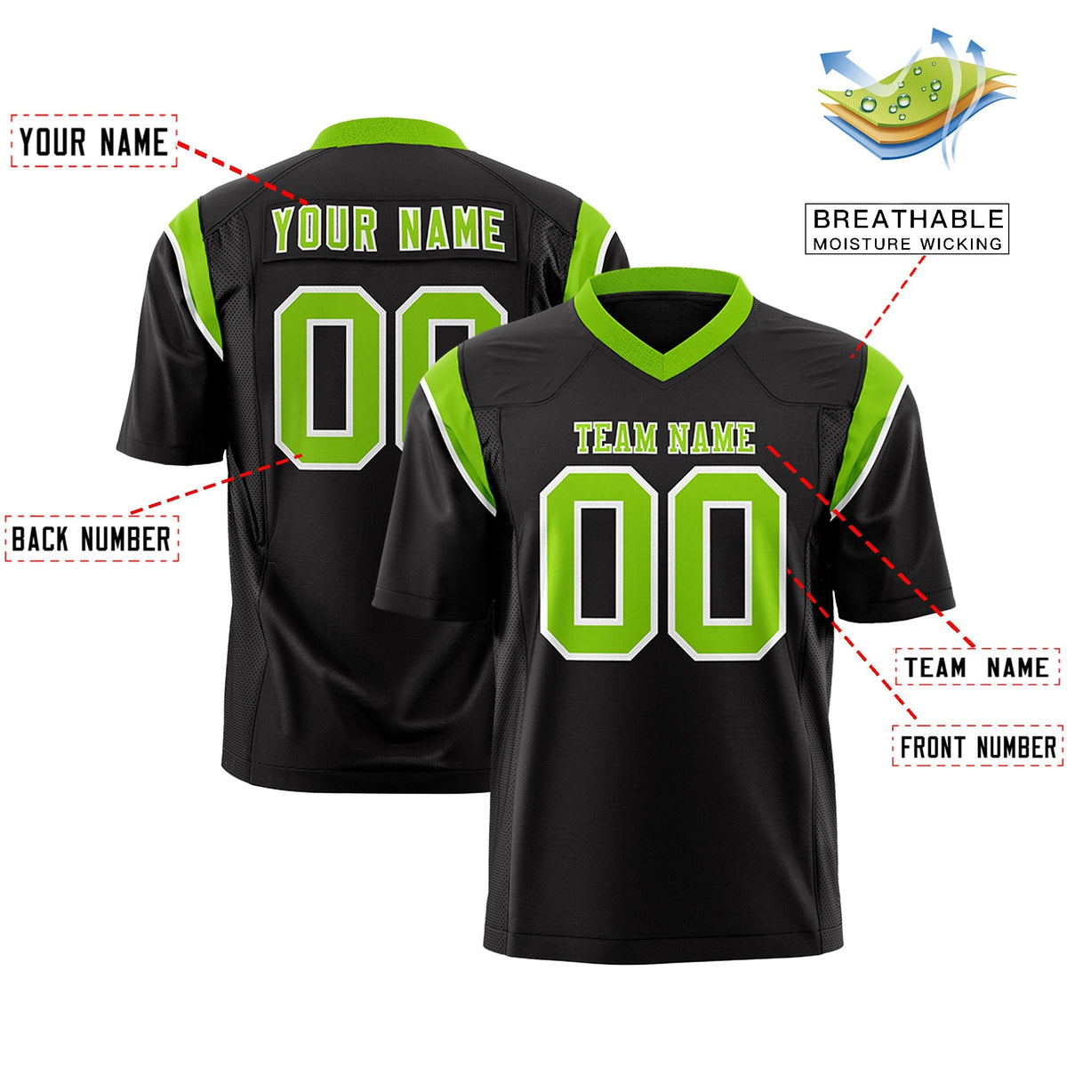 Custom Black Neon Green Personalized Shoulder Cut Two-Tone Authentic American Football Jersey
