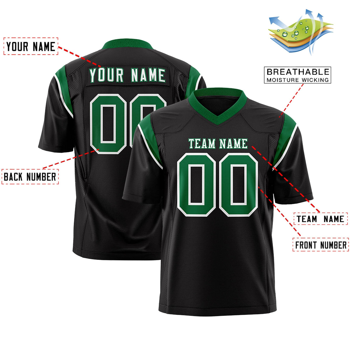 Custom Black Kelly Green Personalized Shoulder Cut Two-Tone Authentic American Football Jersey
