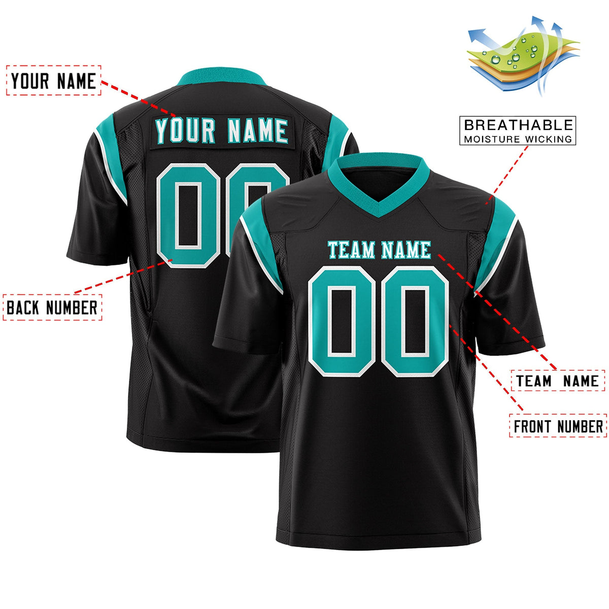 Custom Black Aqua Personalized Shoulder Cut Two-Tone Authentic American Football Jersey