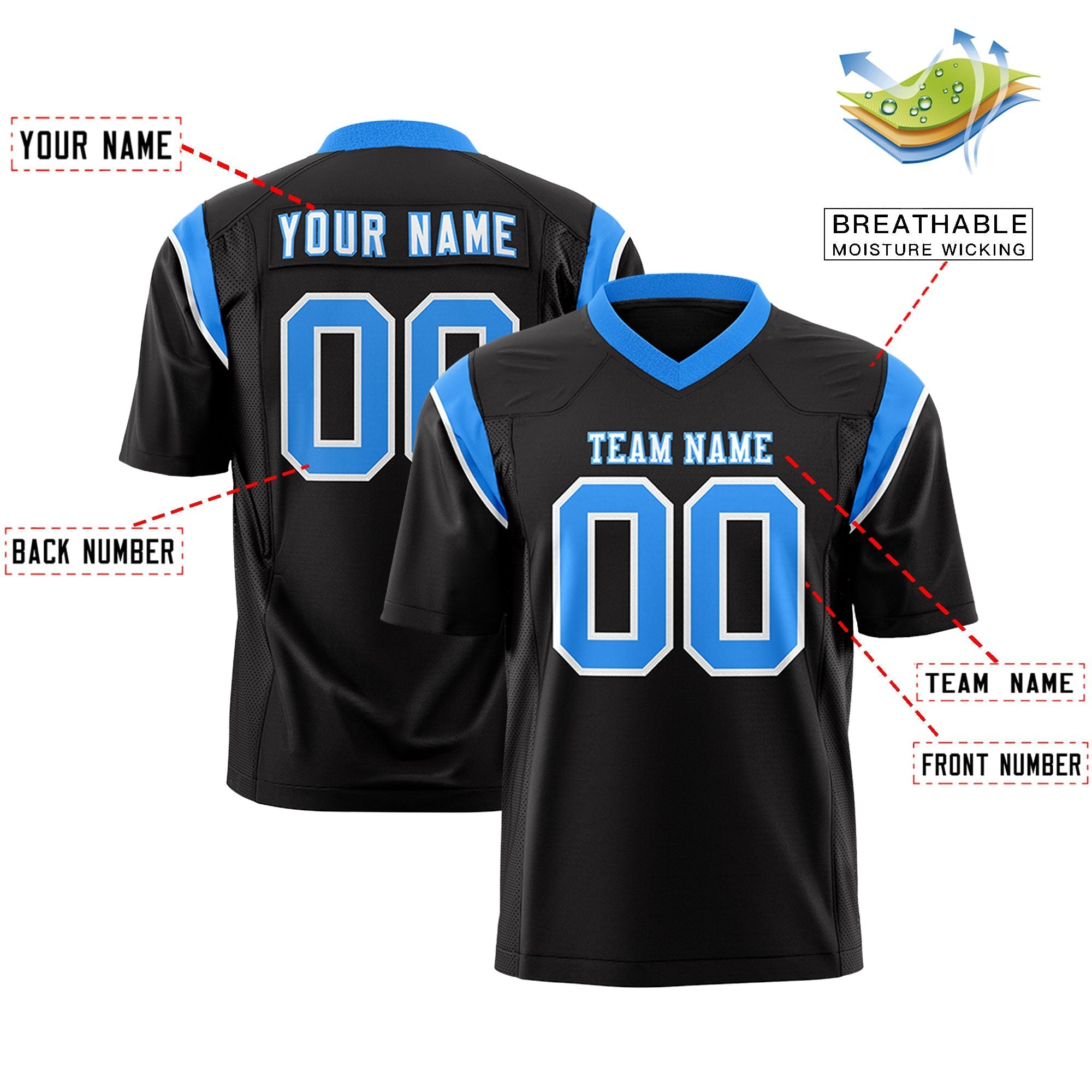 Custom Black Light Blue Personalized Shoulder Cut Two-Tone Authentic American Football Jersey