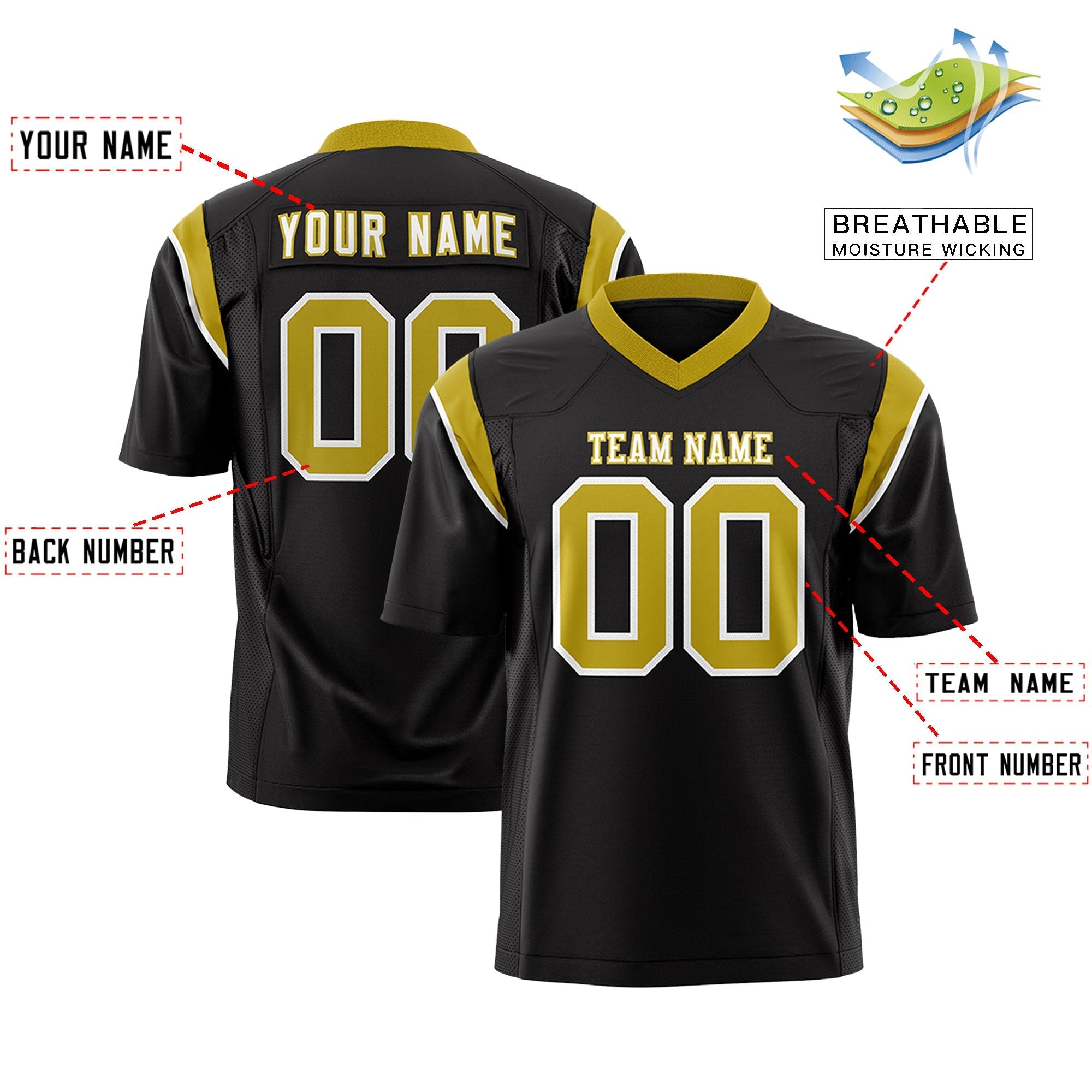 Custom Black Old Gold Personalized Shoulder Cut Two-Tone Authentic American Football Jersey