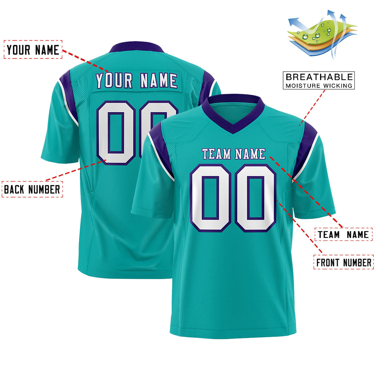 Custom Aqua Purple Personalized Shoulder Cut Two-Tone Authentic American Football Jersey