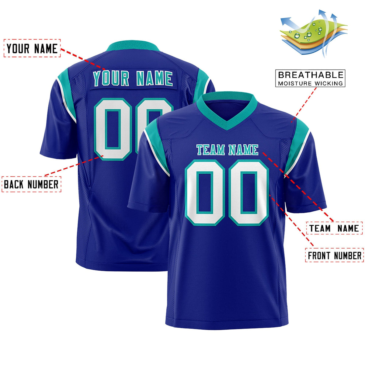 Custom Royal Aqua Personalized Shoulder Cut Two-Tone Authentic American Football Jersey