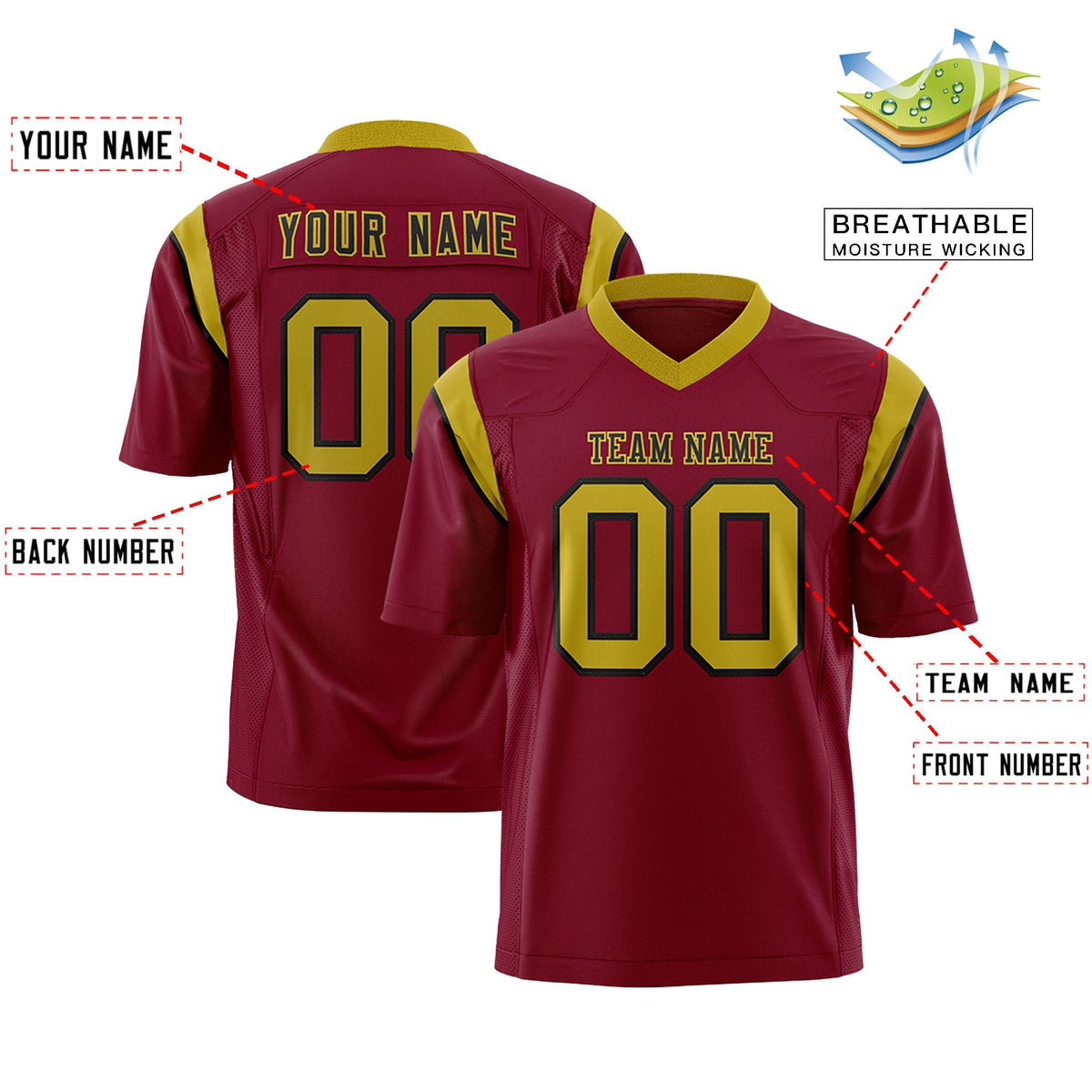 Custom Cardinal Old Gold Personalized Shoulder Cut Two-Tone Authentic American Football Jersey