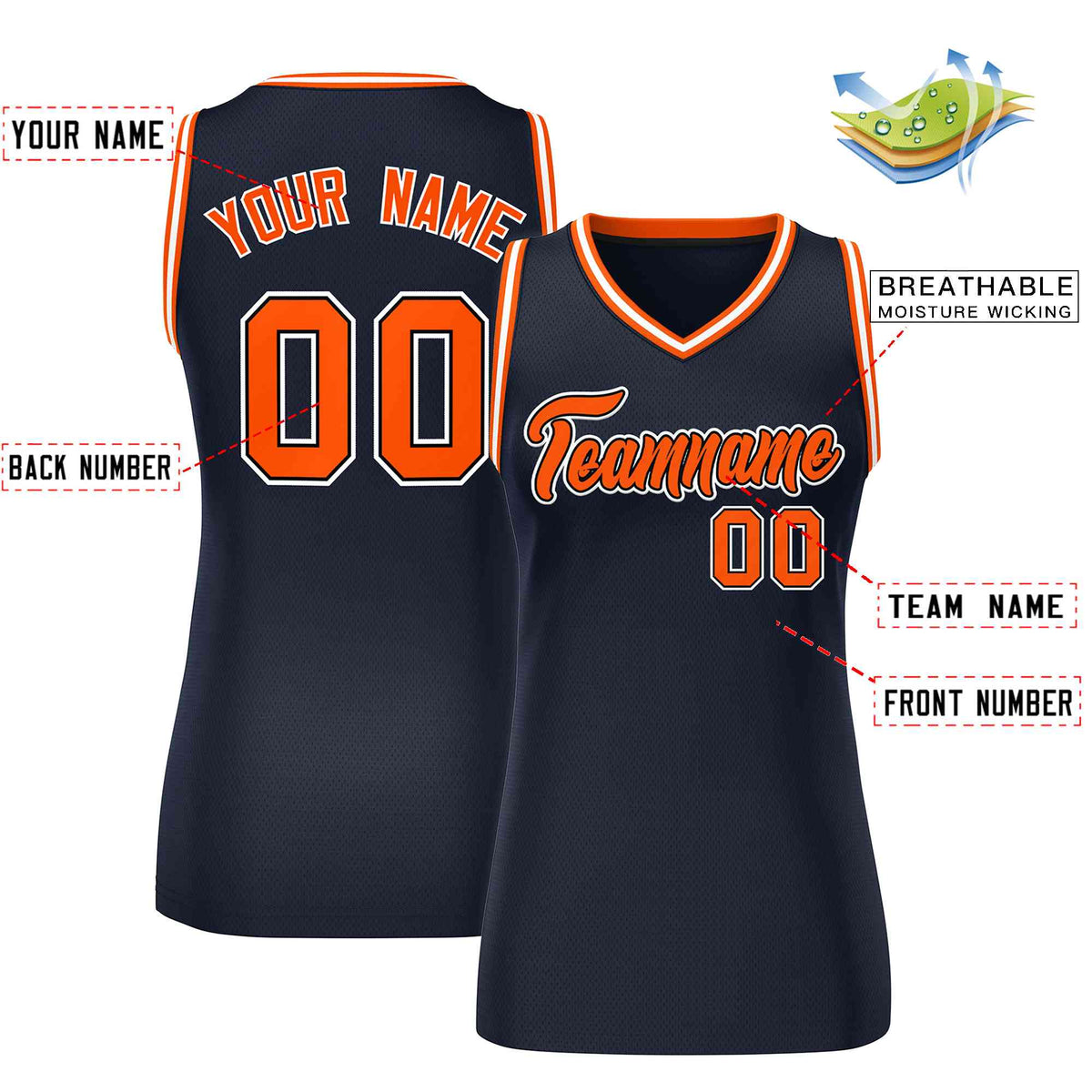 Maillot de basket-ball classique bleu marine orange-blanc personnalisé pour femme