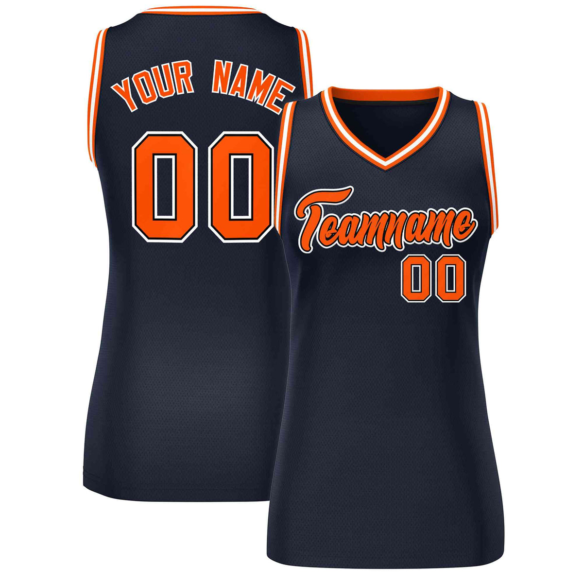 Maillot de basket-ball classique bleu marine orange-blanc personnalisé pour femme