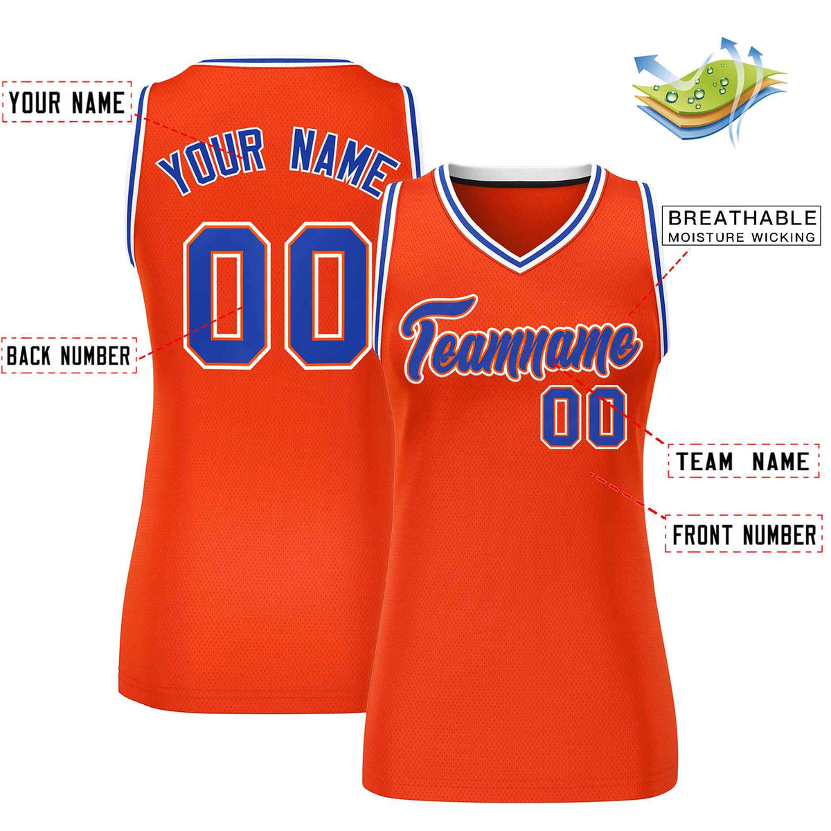 Maillot de basket-ball classique personnalisé orange royal-blanc pour femme