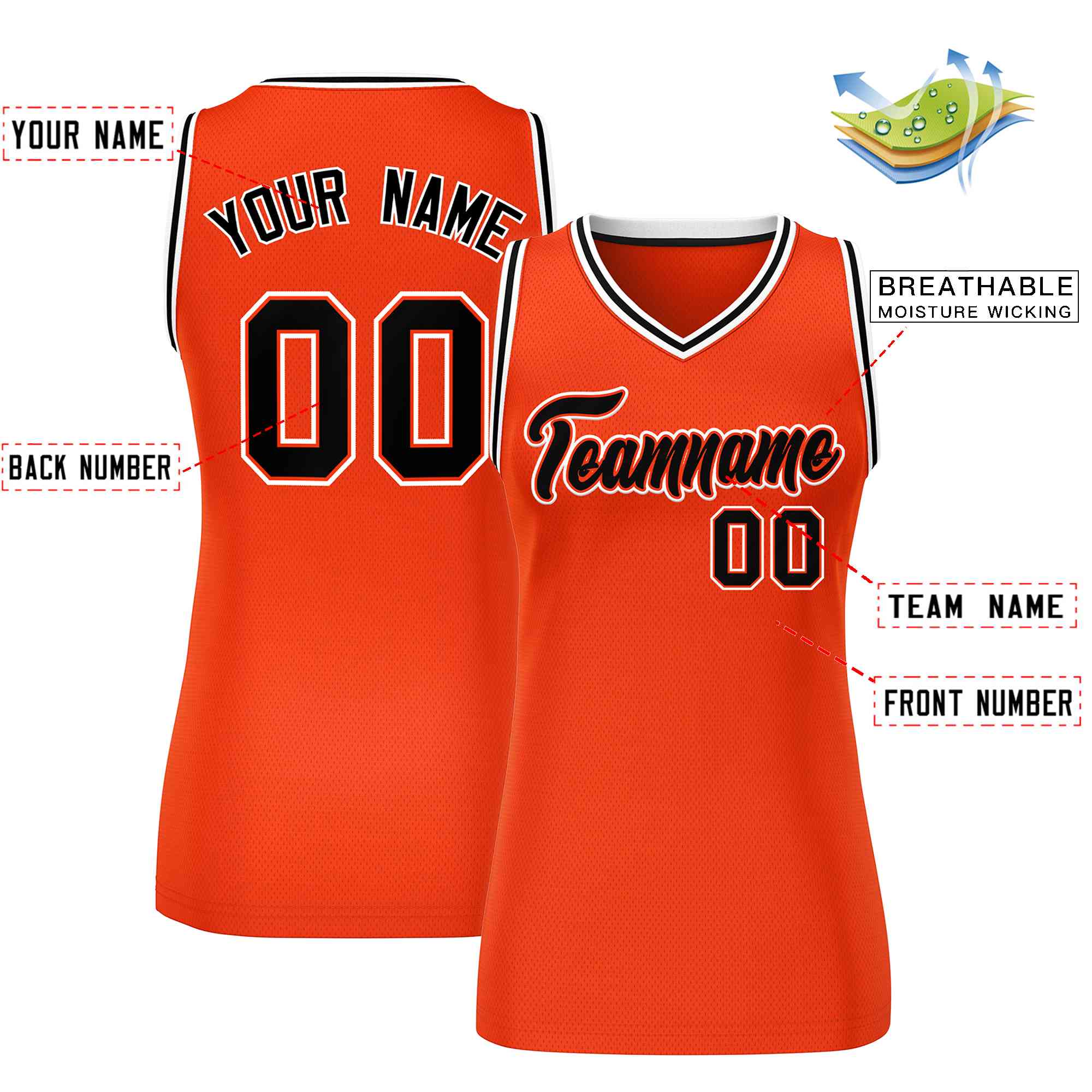 Maillot de basket-ball classique personnalisé orange noir et blanc en maille pour femme