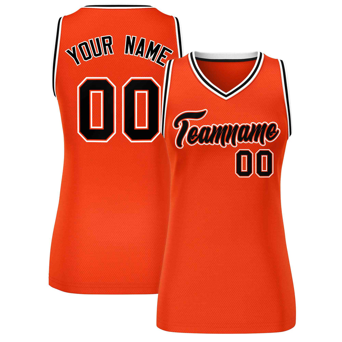 Maillot de basket-ball classique personnalisé orange noir et blanc en maille pour femme