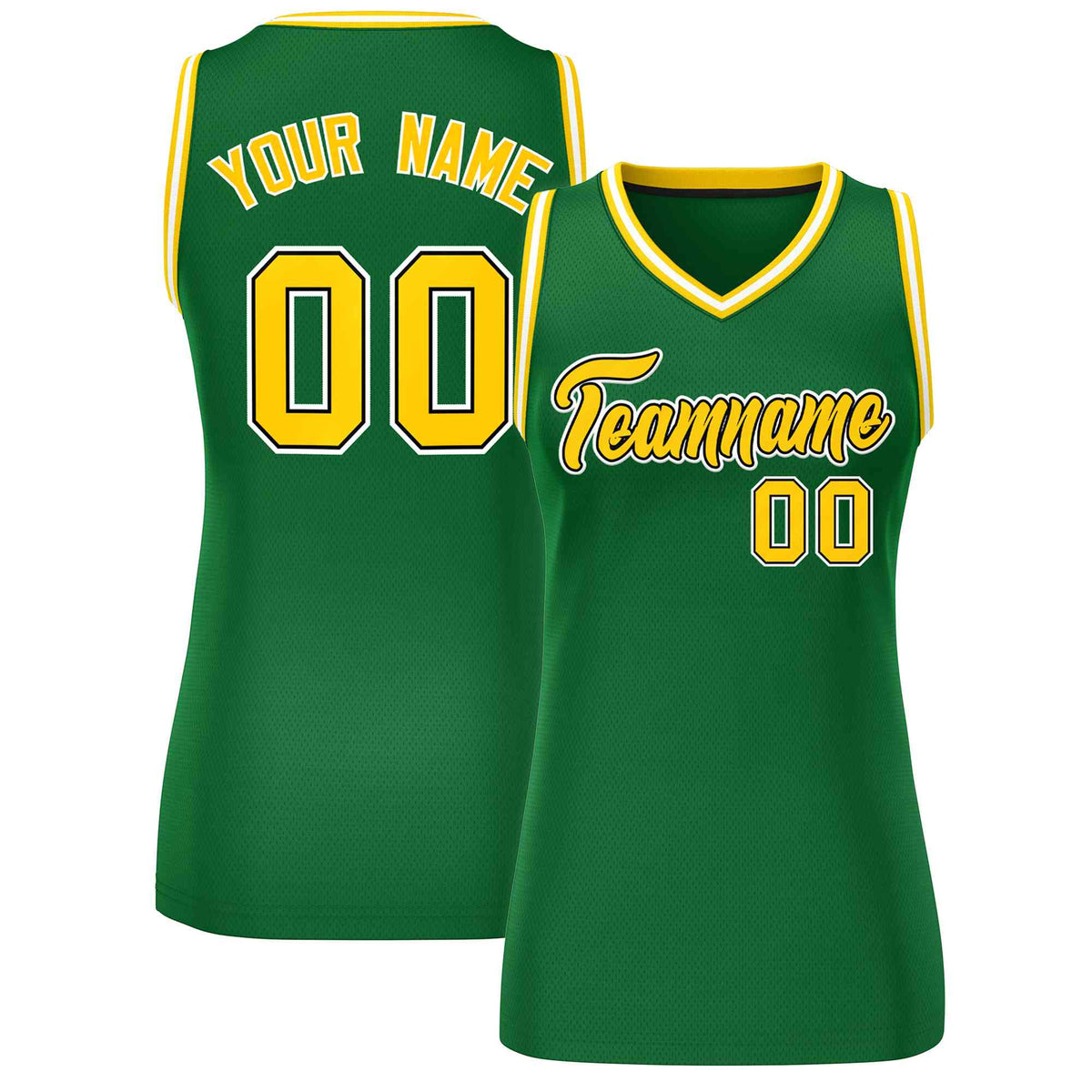 Maillot de basket-ball classique personnalisé vert, or et blanc pour femme