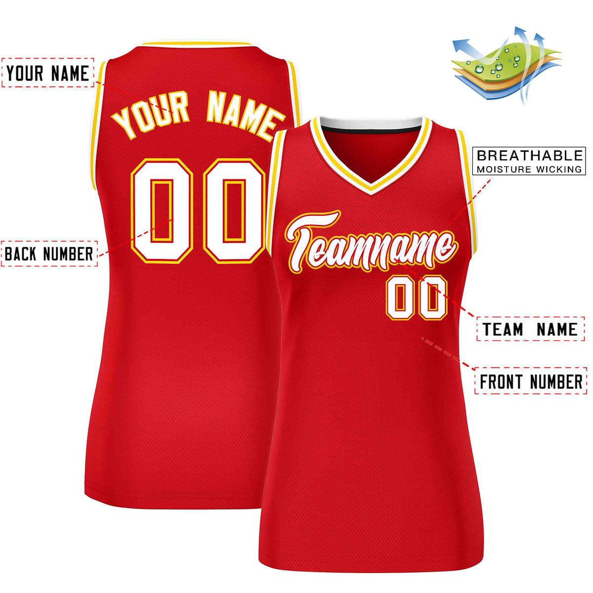 Maillot de basket-ball classique personnalisé rouge, blanc et or pour femme