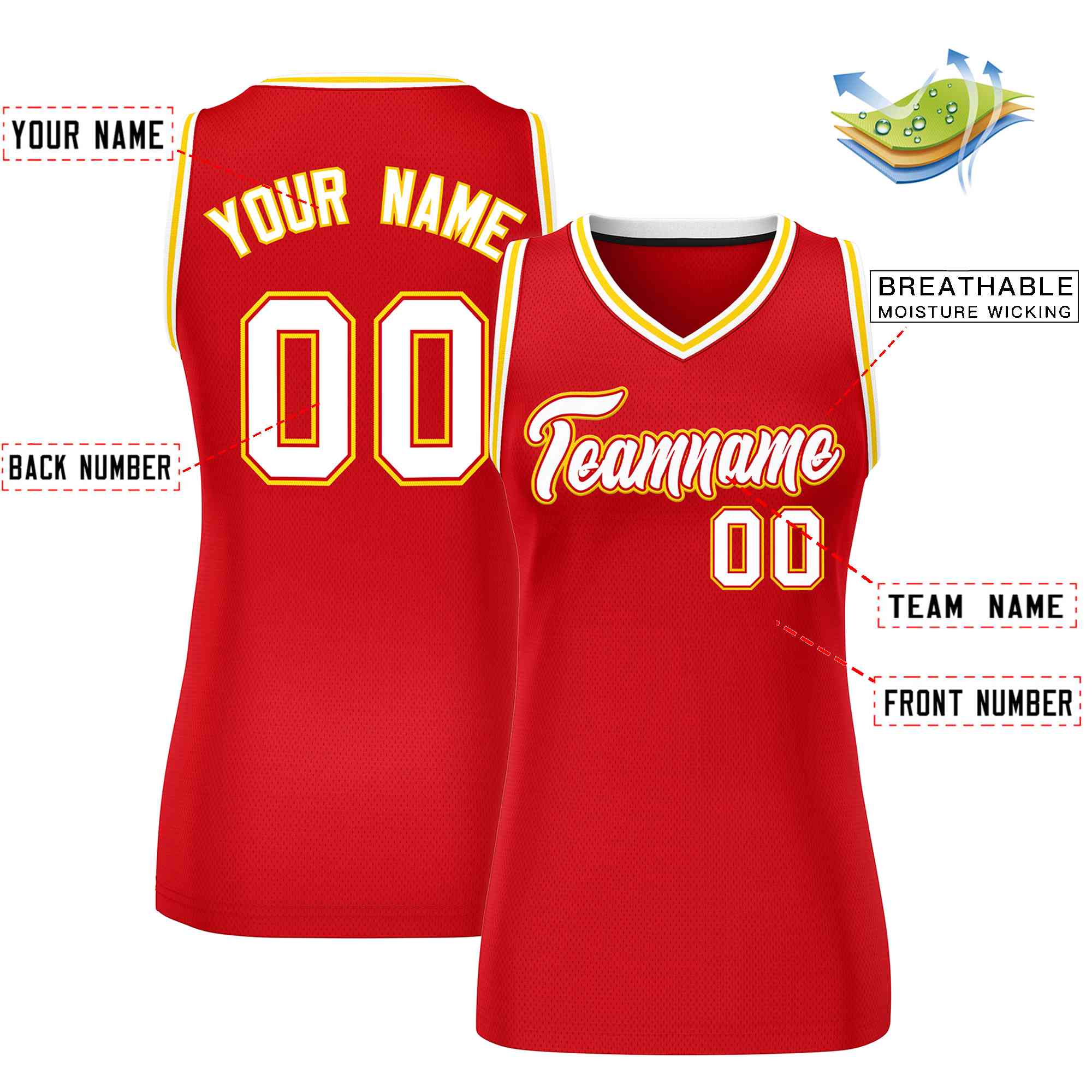 Maillot de basket-ball classique personnalisé rouge, blanc et or pour femme
