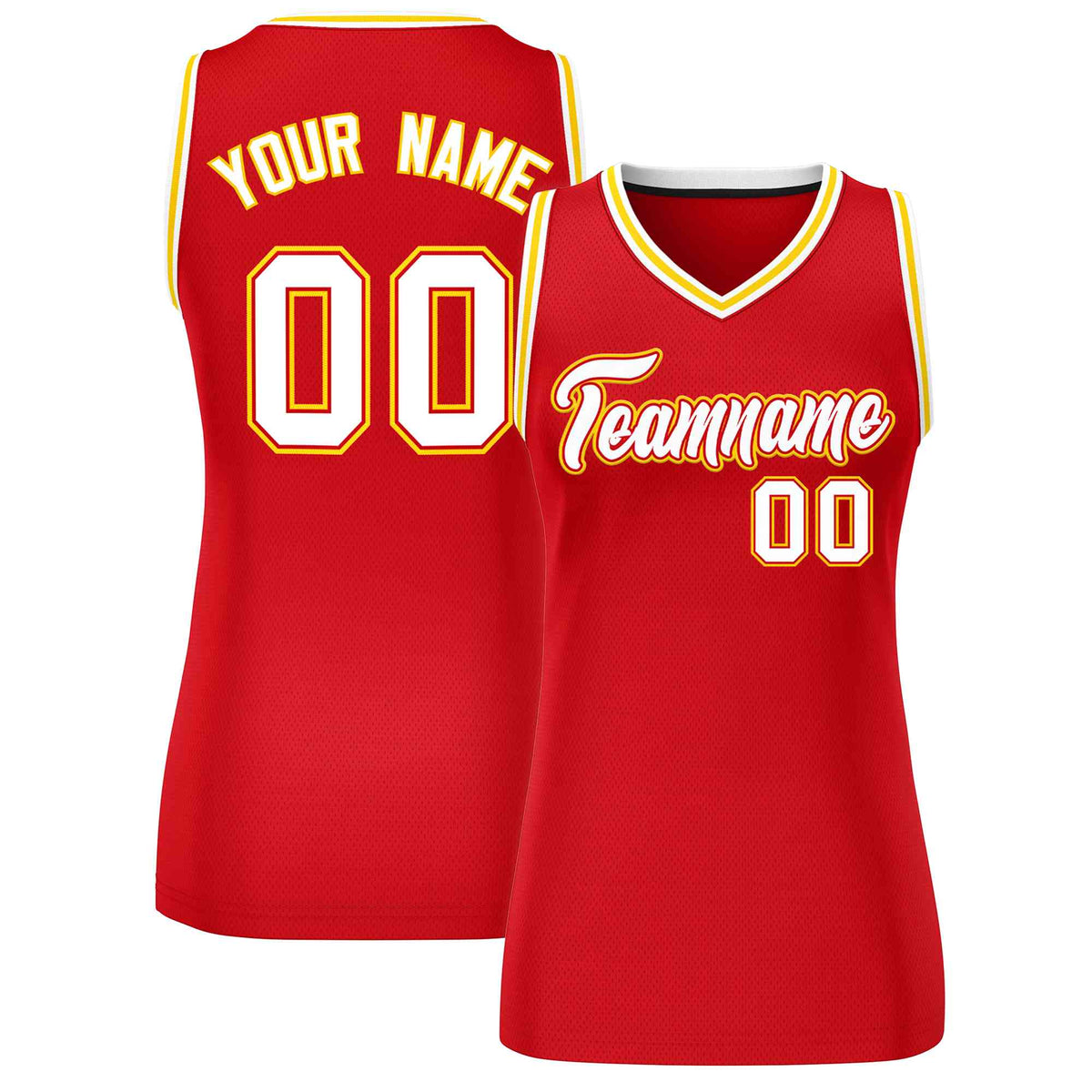 Maillot de basket-ball classique personnalisé rouge, blanc et or pour femme